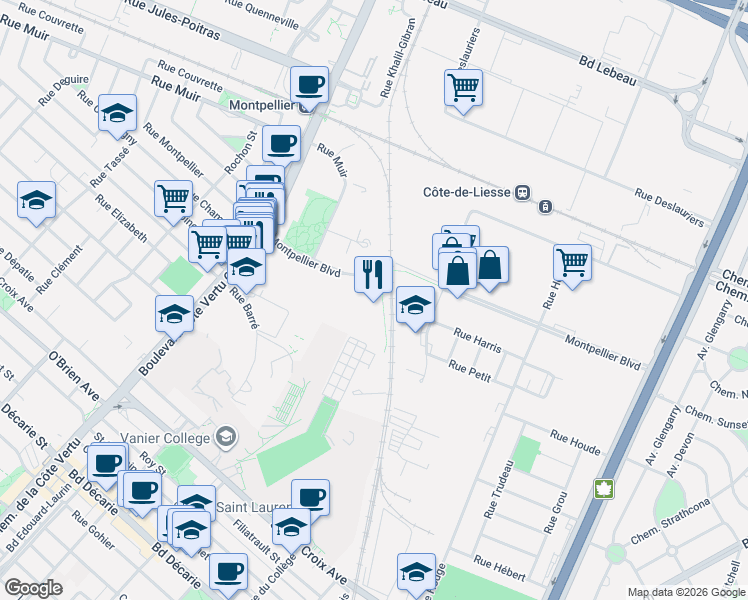 map of restaurants, bars, coffee shops, grocery stores, and more near 720 Montpellier Boulevard in Montreal
