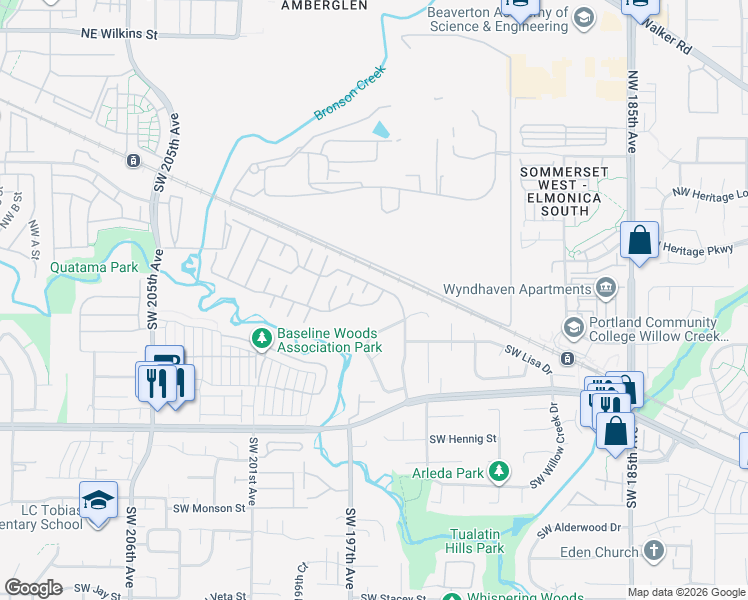 map of restaurants, bars, coffee shops, grocery stores, and more near 195 Redwood Drive in Beaverton