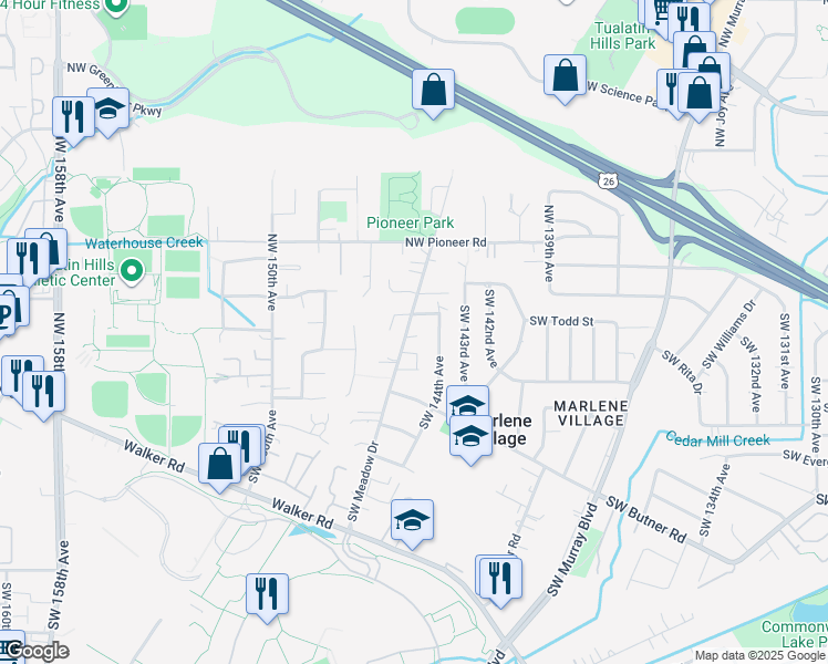 map of restaurants, bars, coffee shops, grocery stores, and more near 78 Southwest Meadow Drive in Beaverton