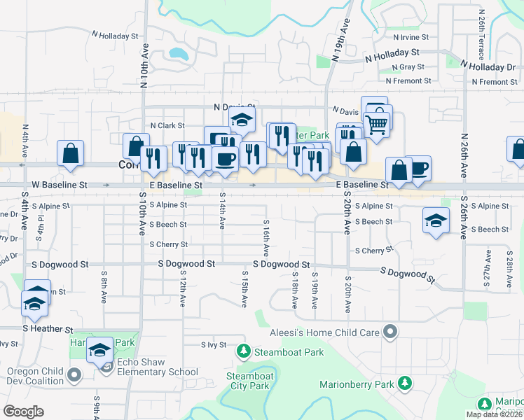 map of restaurants, bars, coffee shops, grocery stores, and more near 1599 South Alpine Street in Cornelius