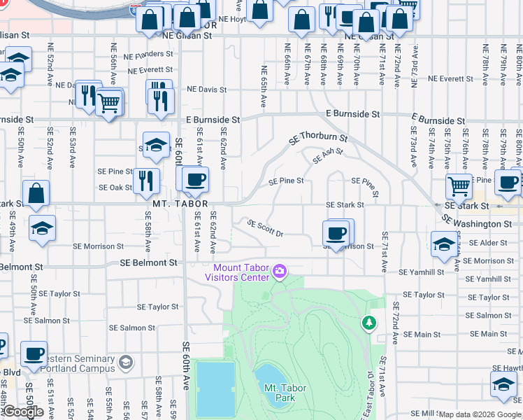 map of restaurants, bars, coffee shops, grocery stores, and more near 6444 Southeast Stark Street in Portland