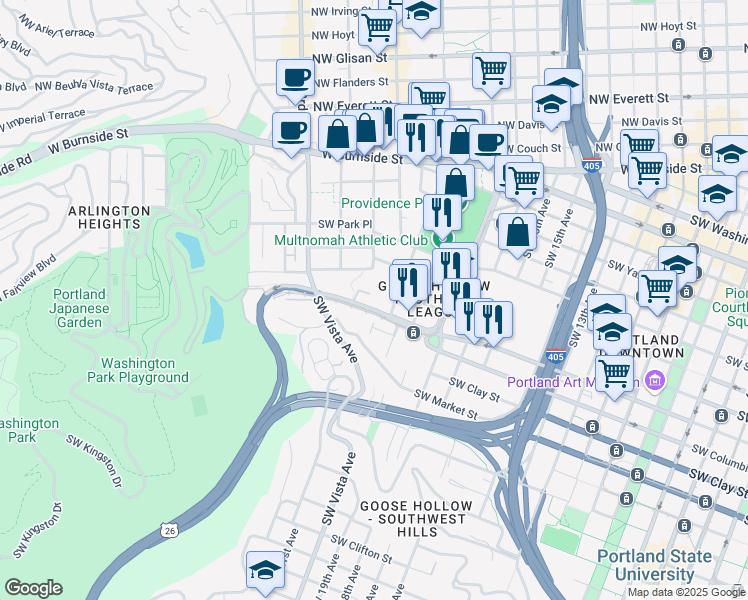 map of restaurants, bars, coffee shops, grocery stores, and more near 2001 Southwest Jefferson Street in Portland