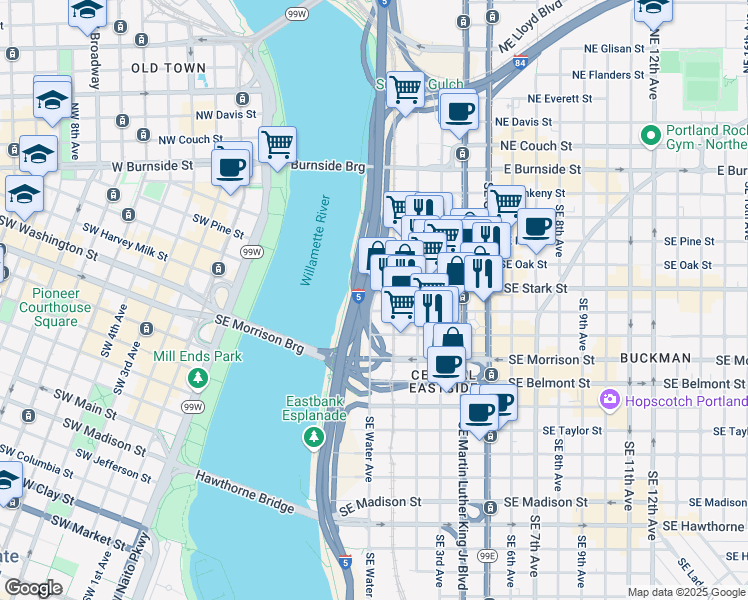 map of restaurants, bars, coffee shops, grocery stores, and more near 550 Southeast Water Avenue in Portland