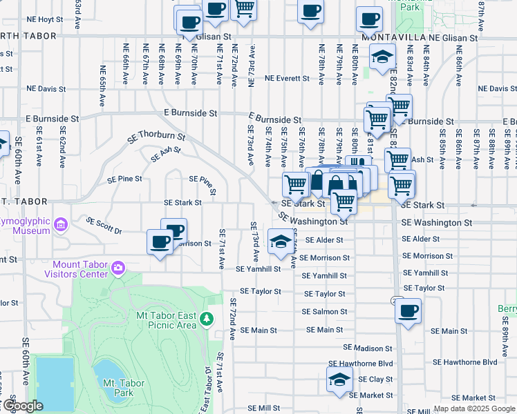 map of restaurants, bars, coffee shops, grocery stores, and more near 7310 Southeast Stark Street in Portland