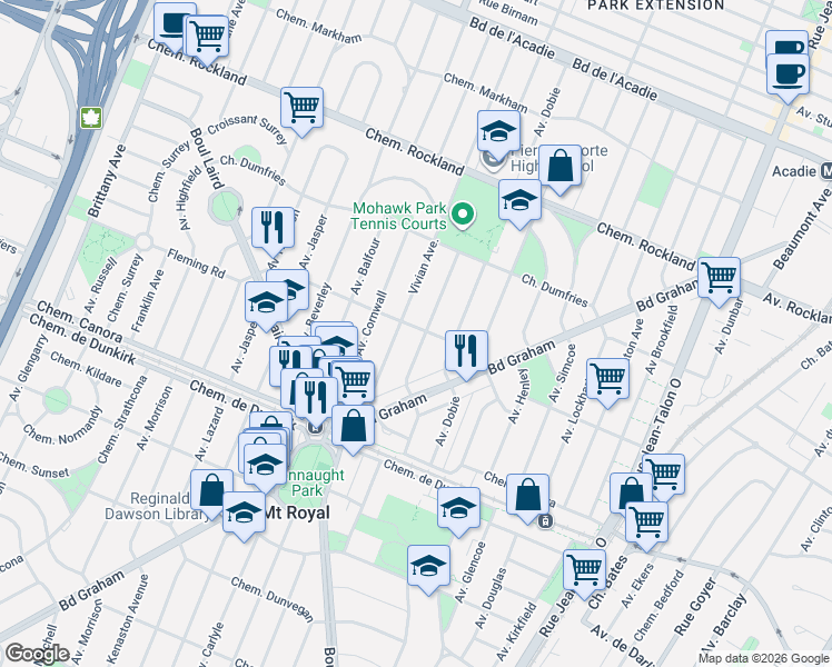 map of restaurants, bars, coffee shops, grocery stores, and more near 1140 Chemin Dunraven in Mont-Royal