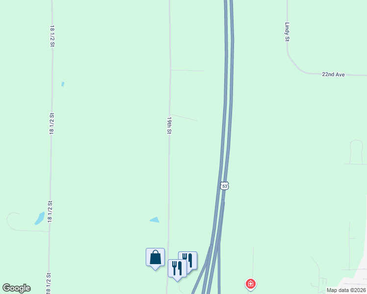 map of restaurants, bars, coffee shops, grocery stores, and more near 19th Street in Rice Lake