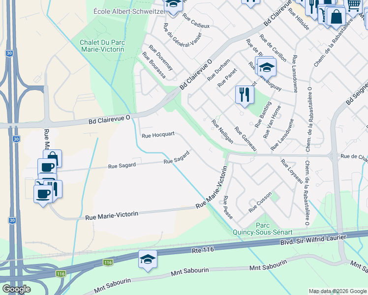 map of restaurants, bars, coffee shops, grocery stores, and more near 1401 Rue Hocquart in Saint-Bruno-de-Montarville
