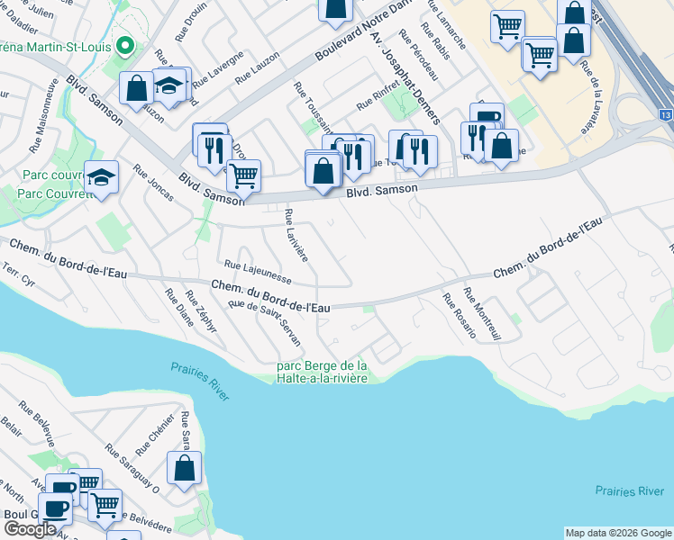 map of restaurants, bars, coffee shops, grocery stores, and more near 619 Rue Lajeunesse in Laval