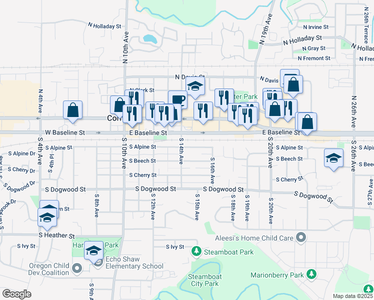 map of restaurants, bars, coffee shops, grocery stores, and more near 1461 South Alpine Street in Cornelius