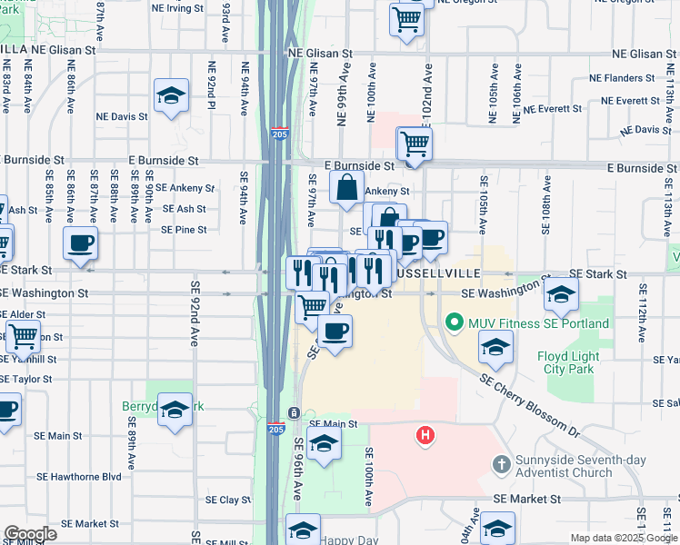 map of restaurants, bars, coffee shops, grocery stores, and more near Southeast Stark Street & Southeast 99th Avenue in Portland