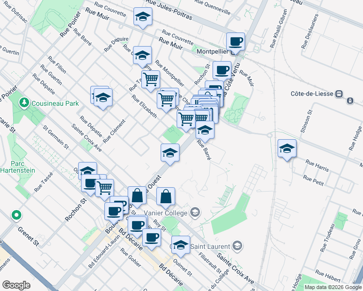 map of restaurants, bars, coffee shops, grocery stores, and more near 959 Boulevard de la Côte Vertu in Montreal