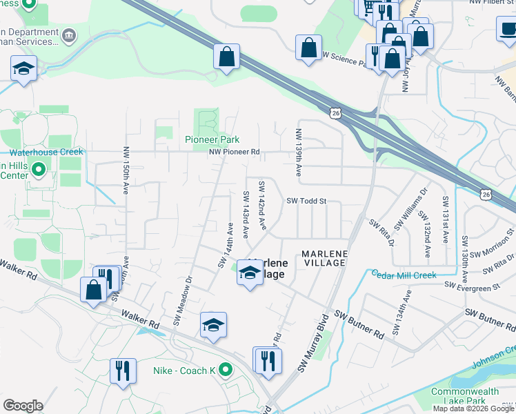 map of restaurants, bars, coffee shops, grocery stores, and more near 155 Southwest 142nd Avenue in Beaverton