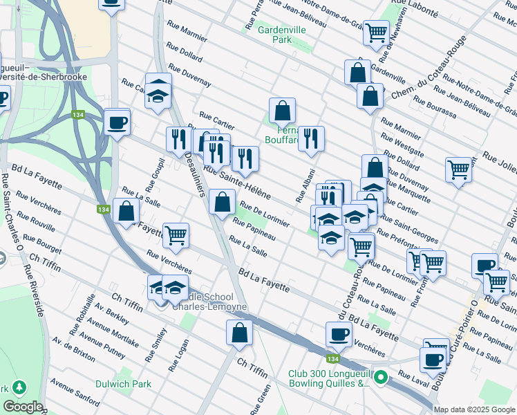 map of restaurants, bars, coffee shops, grocery stores, and more near 1001 Rue De Lorimier in Longueuil