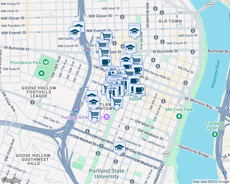 map of restaurants, bars, coffee shops, grocery stores, and more near 725 Southwest 10th Avenue in Portland