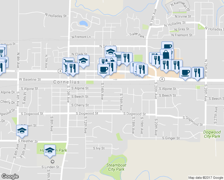 map of restaurants, bars, coffee shops, grocery stores, and more near 1515 South Alpine Street in Cornelius
