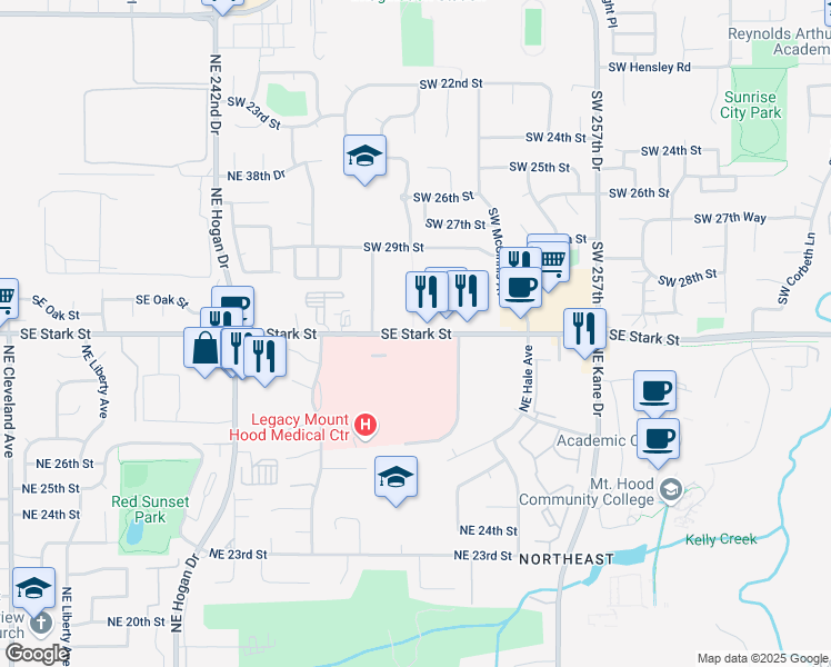 map of restaurants, bars, coffee shops, grocery stores, and more near 25206 Southeast Stark Street in Gresham