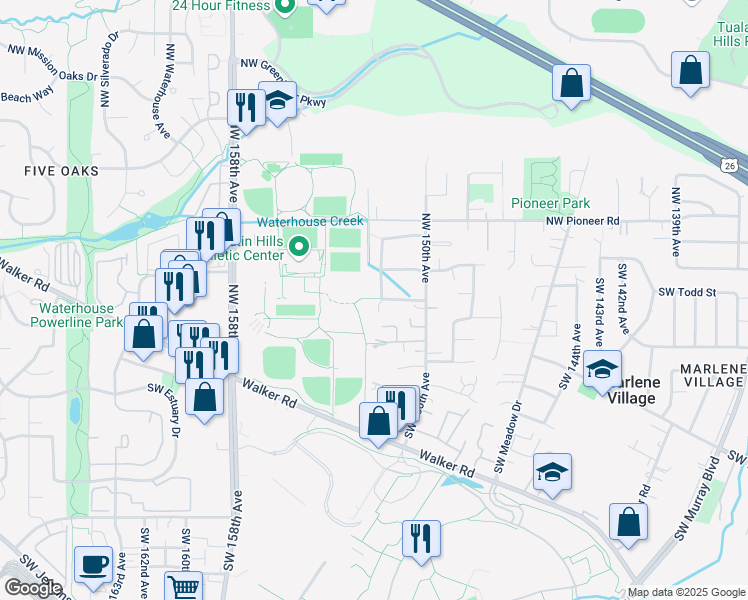 map of restaurants, bars, coffee shops, grocery stores, and more near 95 Southwest 152nd Avenue in Beaverton