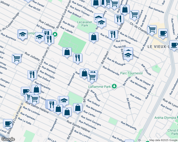map of restaurants, bars, coffee shops, grocery stores, and more near 2282 Rue Jean-Béliveau in Longueuil