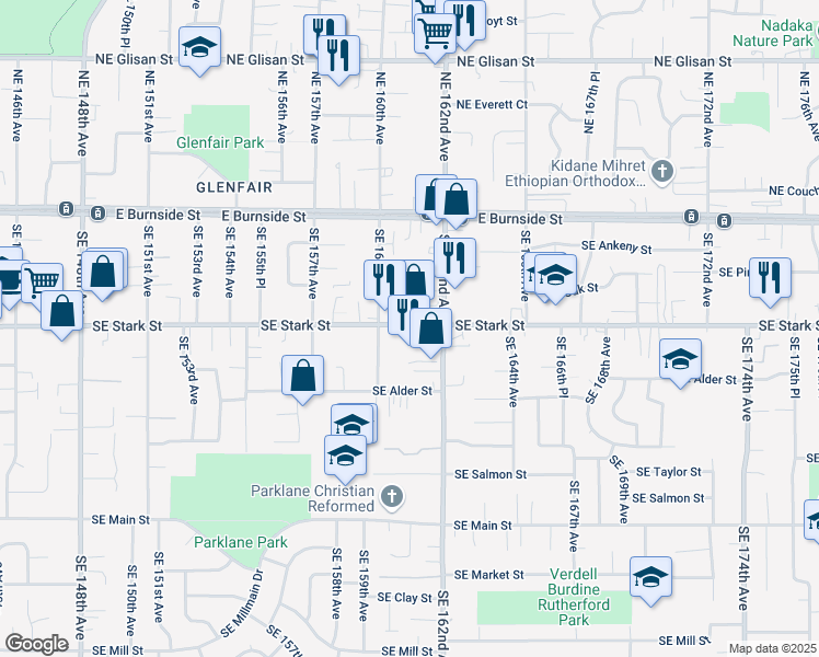 map of restaurants, bars, coffee shops, grocery stores, and more near 16044 Southeast Stark Street in Portland