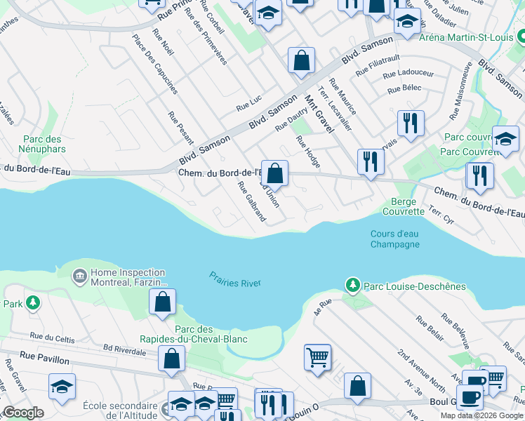 map of restaurants, bars, coffee shops, grocery stores, and more near 749 Rue Galbrand in Laval
