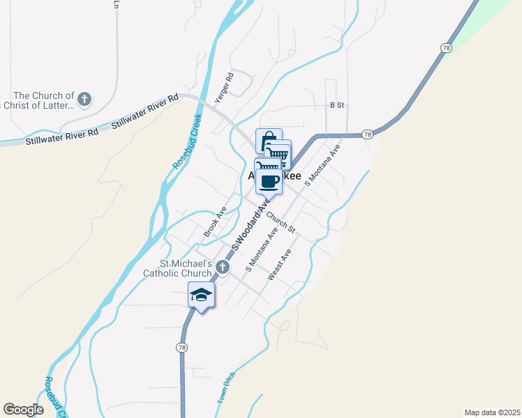 map of restaurants, bars, coffee shops, grocery stores, and more near Church Street in Absarokee