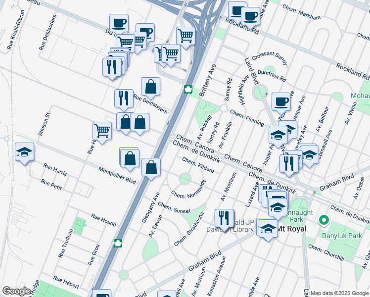 map of restaurants, bars, coffee shops, grocery stores, and more near 2334 Chemin de Dunkirk in Mont-Royal