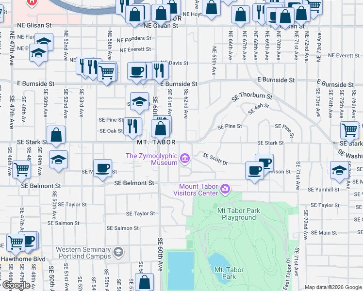 map of restaurants, bars, coffee shops, grocery stores, and more near 510 Southeast 62nd Avenue in Portland