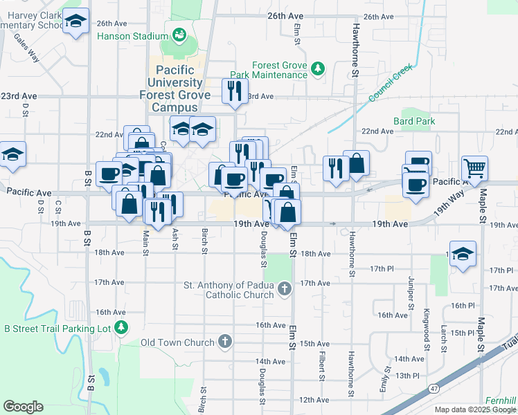 map of restaurants, bars, coffee shops, grocery stores, and more near 1924 Douglas Street in Forest Grove
