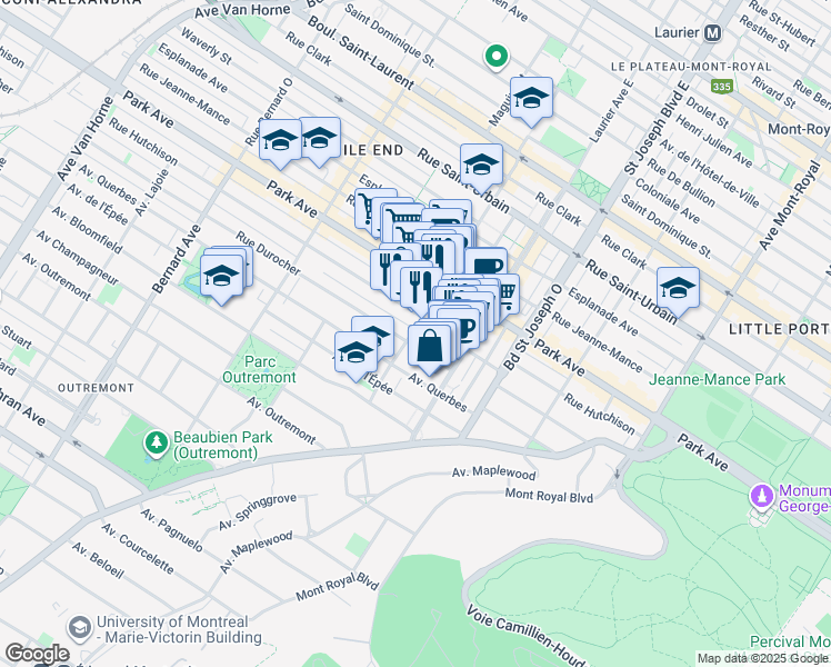 map of restaurants, bars, coffee shops, grocery stores, and more near 1026 Avenue Fairmount Ouest in Montréal