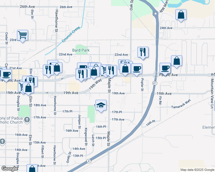 map of restaurants, bars, coffee shops, grocery stores, and more near 1926 Maple Street in Forest Grove