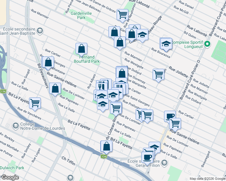 map of restaurants, bars, coffee shops, grocery stores, and more near 1274 Rue Saint-Georges in Longueuil
