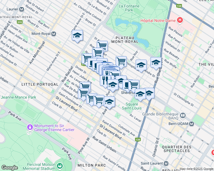 map of restaurants, bars, coffee shops, grocery stores, and more near 3841 Rue Drolet in Montréal