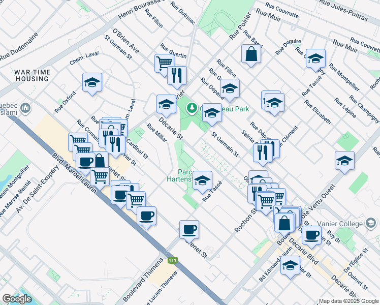 map of restaurants, bars, coffee shops, grocery stores, and more near 1590 Rue Décarie in Montréal