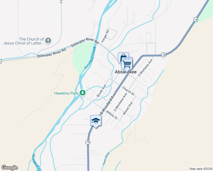 map of restaurants, bars, coffee shops, grocery stores, and more near 111 Brook Avenue in Absarokee