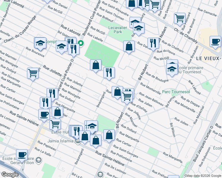 map of restaurants, bars, coffee shops, grocery stores, and more near 2211 Rue Villeneuve in Longueuil