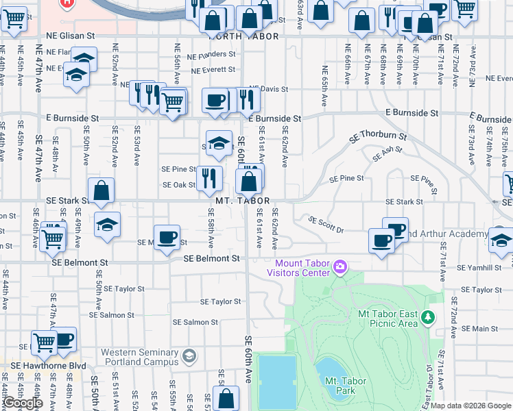 map of restaurants, bars, coffee shops, grocery stores, and more near 6044 Southeast Stark Street in Portland