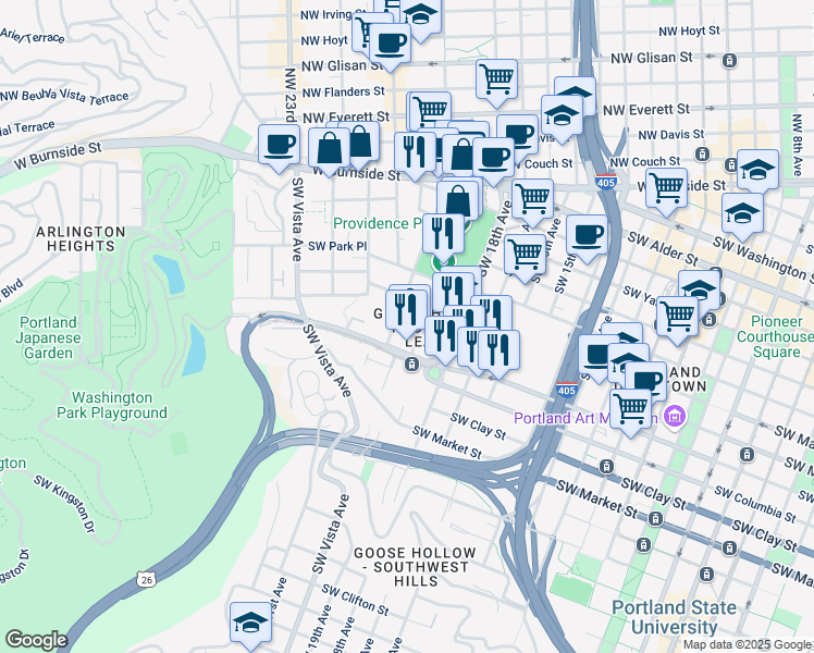 map of restaurants, bars, coffee shops, grocery stores, and more near 1924 SW Madison St in Portland