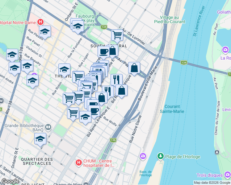 map of restaurants, bars, coffee shops, grocery stores, and more near 1365 Boulevard René-Lévesque Est in Montréal