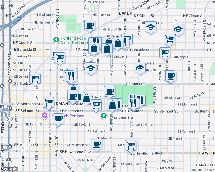 map of restaurants, bars, coffee shops, grocery stores, and more near 519 Southeast 20th Avenue in Portland