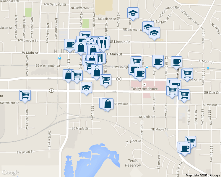map of restaurants, bars, coffee shops, grocery stores, and more near 433 Southeast Oak Street in Hillsboro