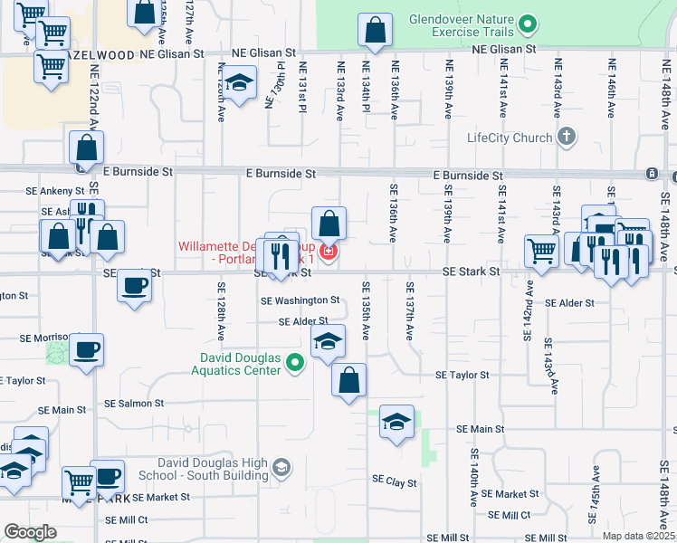 map of restaurants, bars, coffee shops, grocery stores, and more near Southeast Stark Street & Southeast 133rd Avenue in Portland