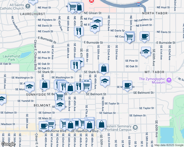 map of restaurants, bars, coffee shops, grocery stores, and more near 4806 Southeast Stark Street in Portland