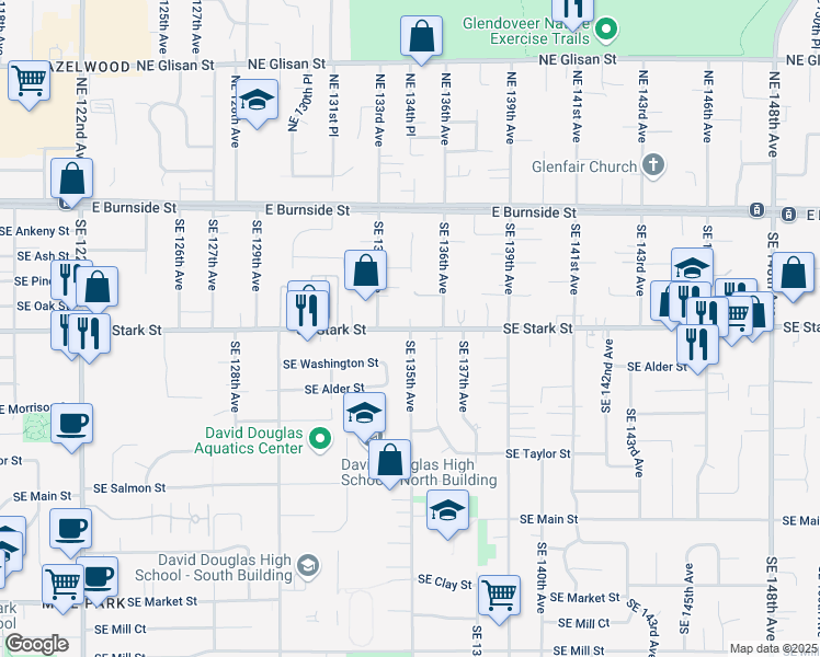 map of restaurants, bars, coffee shops, grocery stores, and more near 13499 Southeast Stark Street in Portland