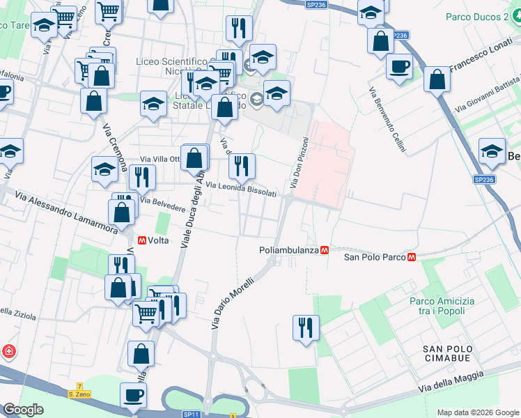 map of restaurants, bars, coffee shops, grocery stores, and more near 16 Via Giacomo Cappellini in Brescia