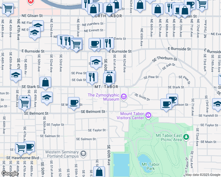 map of restaurants, bars, coffee shops, grocery stores, and more near 504-510 Southeast 61st Avenue in Portland