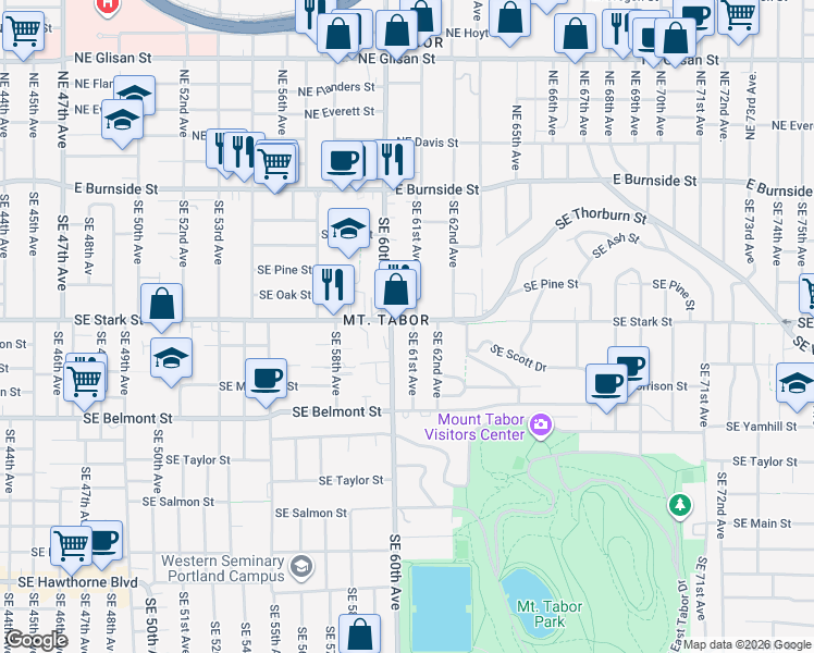map of restaurants, bars, coffee shops, grocery stores, and more near 6044 Southeast Stark Street in Portland