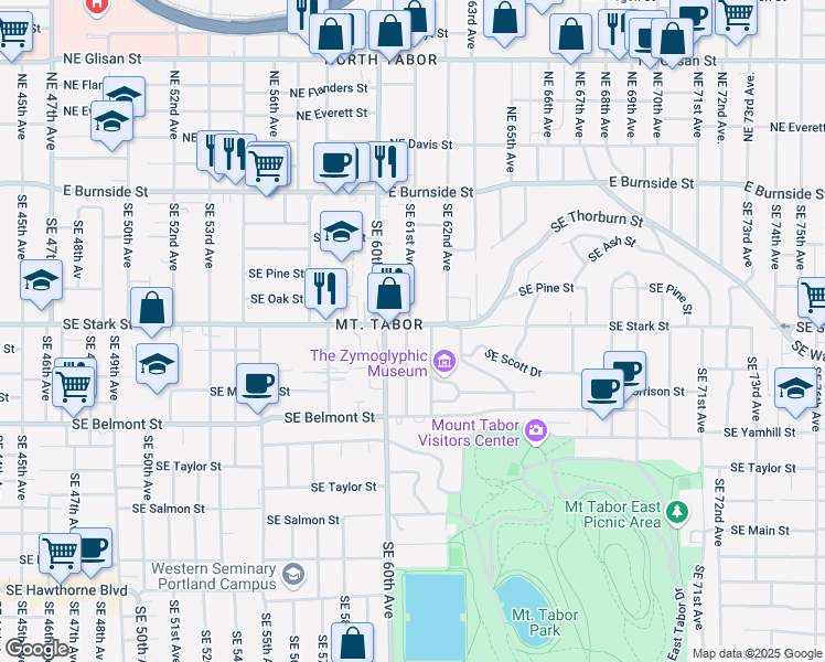 map of restaurants, bars, coffee shops, grocery stores, and more near 504-510 Southeast 61st Avenue in Portland