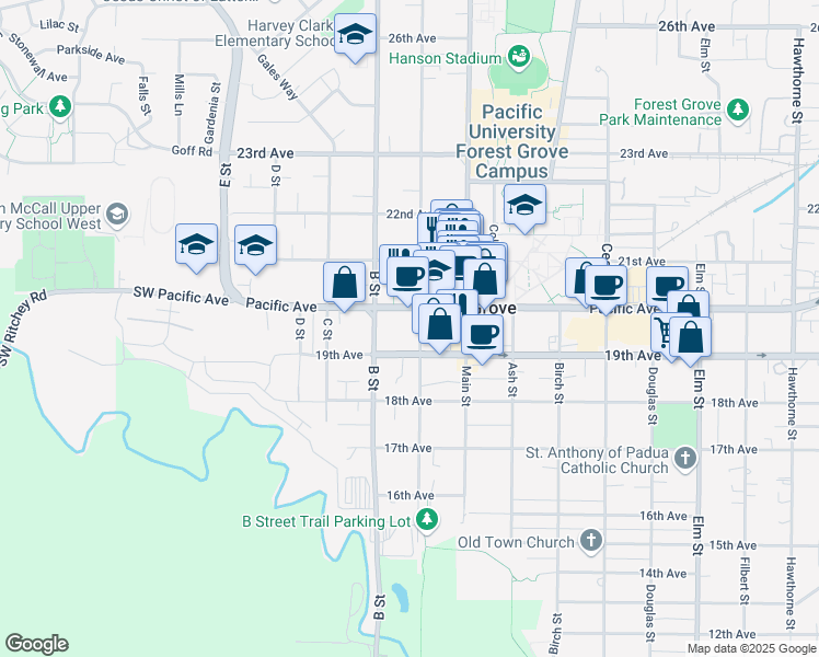 map of restaurants, bars, coffee shops, grocery stores, and more near 1924 A Street in Forest Grove