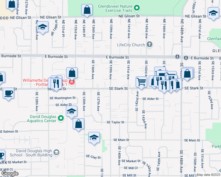 map of restaurants, bars, coffee shops, grocery stores, and more near SE Stark St & SE 139th Ave in Portland