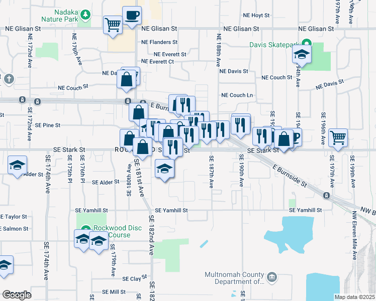 map of restaurants, bars, coffee shops, grocery stores, and more near 18633 Southeast Stark Street in Portland
